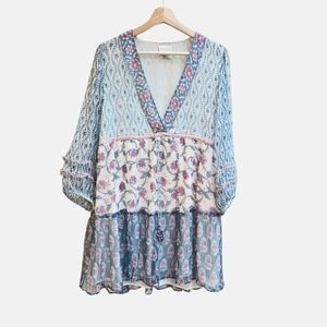 SAYLOR Blue Voile Floral Bohemian Peasant Tunic Shirt, Size Medium